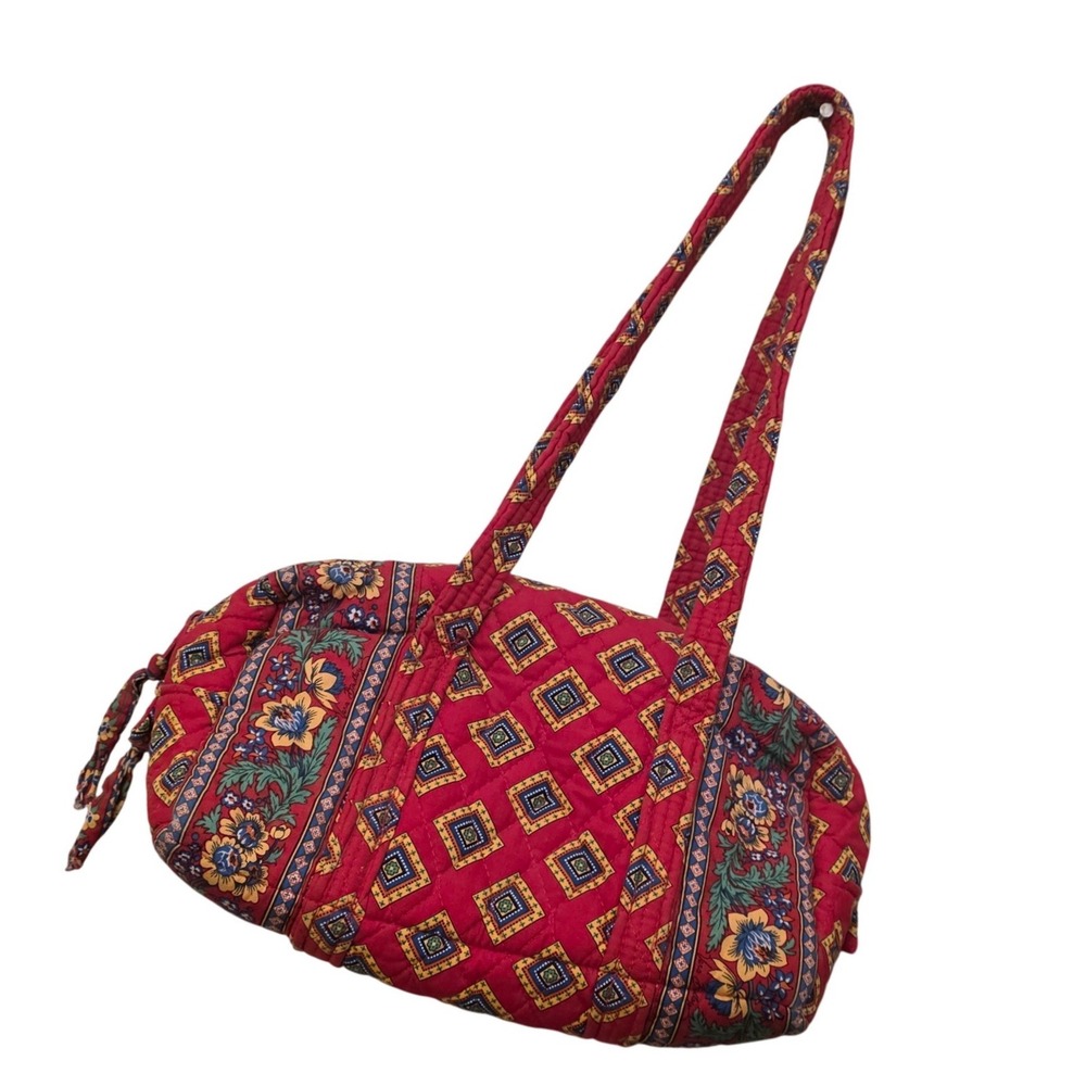 Vera Bradley Vintage Retired Red Floral Geometric Quilted Cotton Barrel Handbag